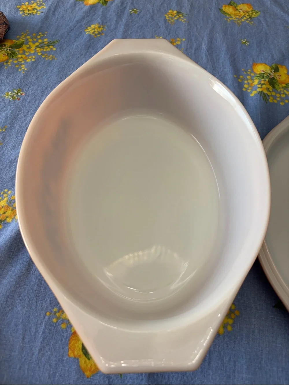 Pyrex Brown and Orange Vitrolite Casserole Dish with Fruit Pattern vintage